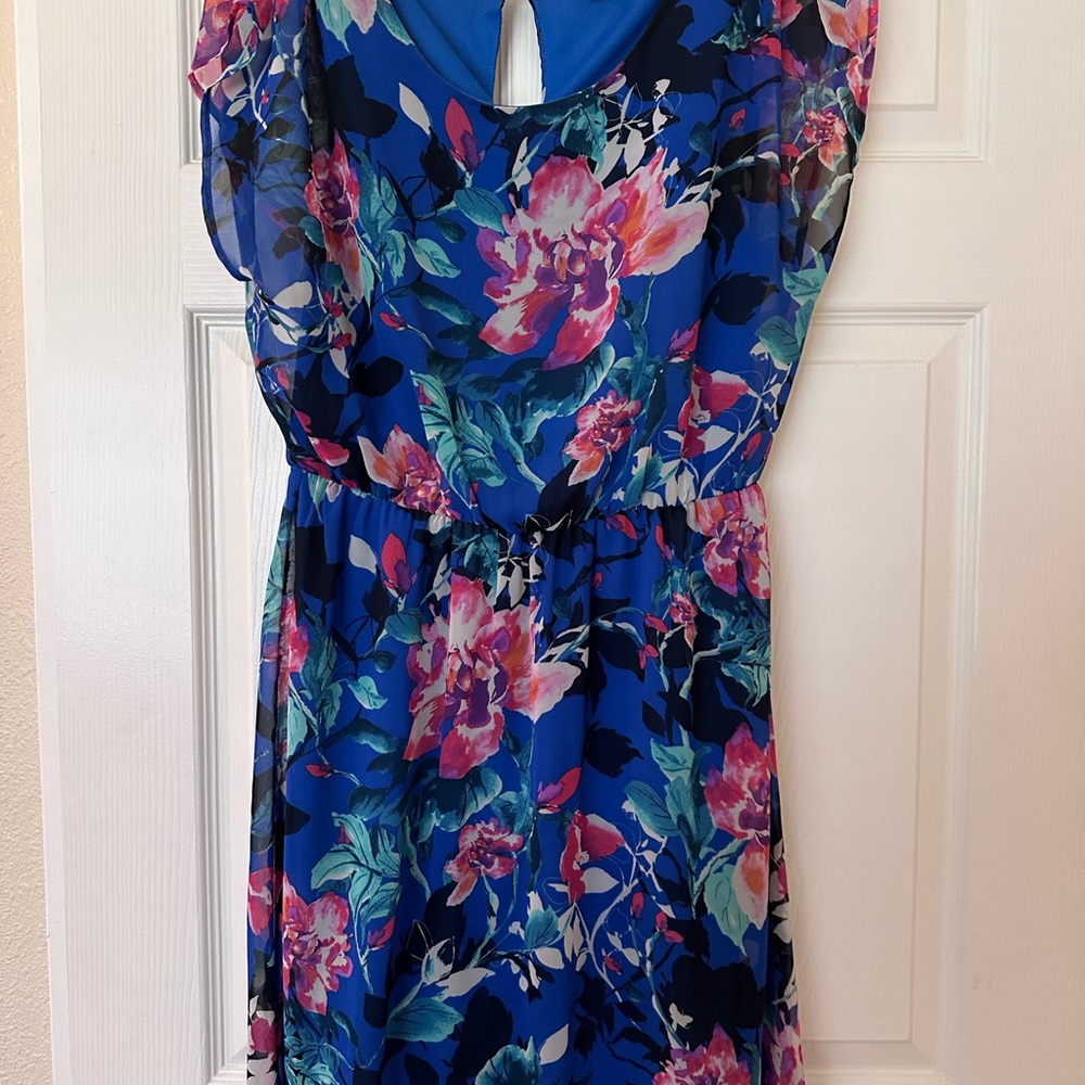 Everly Blue Floral Mini Dress with Pink & Green Accents